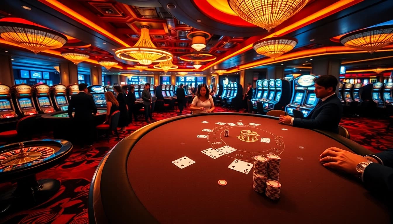 Experience the thrill of betting at vb88's upscale poker table surrounded by vibrant casino elements.
