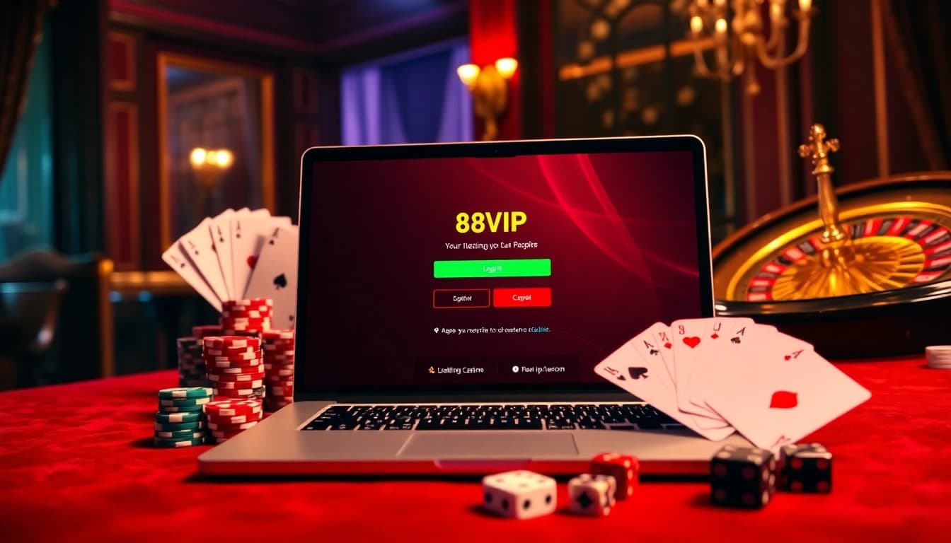 Experience seamless Đăng Nhập Nhà Cái 68VIP with a luxurious casino atmosphere featuring poker chips and cards.