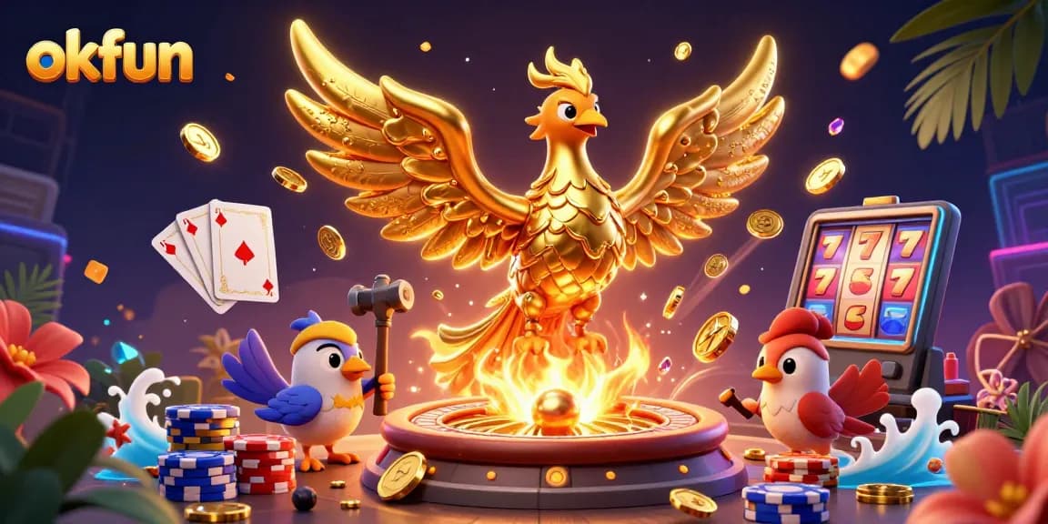 Engaging illustration of okfun featuring a golden phoenix surrounded by casino elements and dynamic gaming action.