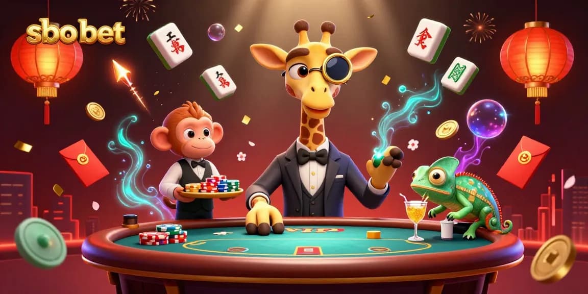 Engage with sbo bet in a vibrant casino scene featuring a giraffe and monkey at a poker table.