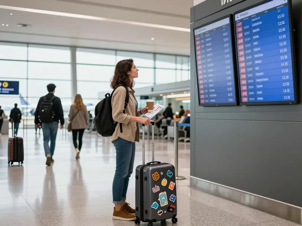 Traveler checking in for a flight at the airport terminal with the link 789P displayed on the information board.