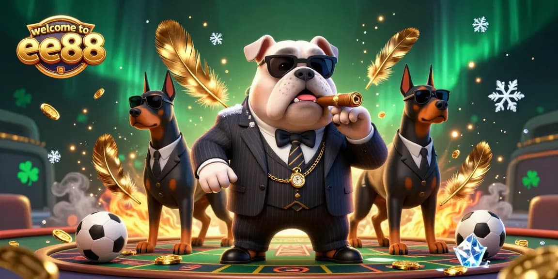 Engage in thrilling action with welcome to ee88 featuring a mafia boss bulldog and bodyguards in a sports betting arena.