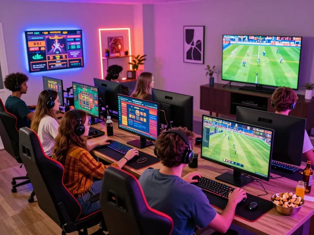 Gamers enjoying the BL555 online betting platform with vibrant setups and live sports.