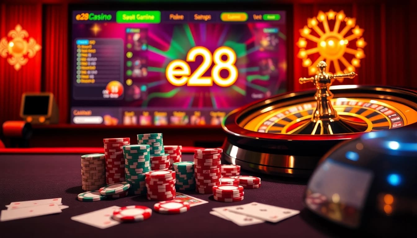 Experience the thrill of e28 malaysia with vibrant casino tables filled with poker chips and cards.