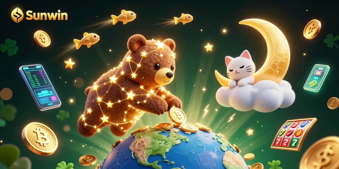 Sunwin showcases an engaging online casino scene with vibrant slot reels, gold coins, and crypto elements.