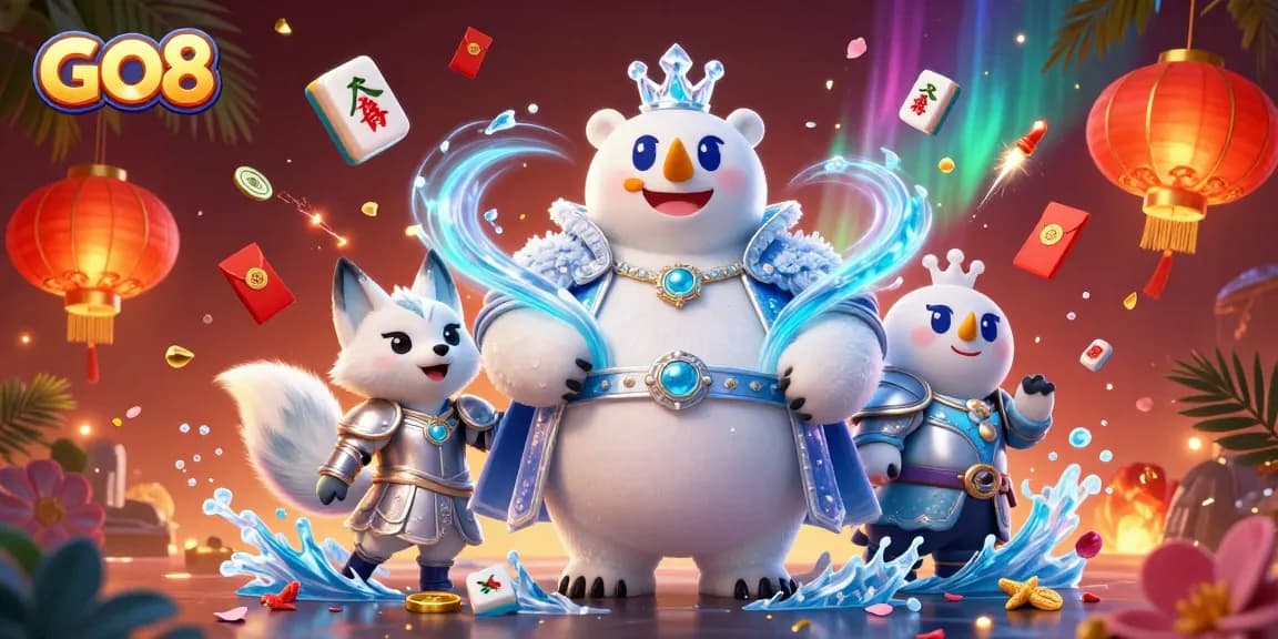 Win big with GO8 at this vibrant 3D casino illustration featuring fun gaming elements and characters.