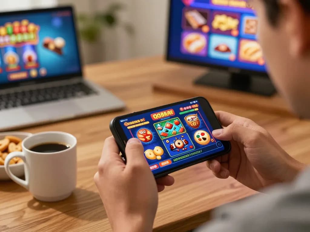 Player enjoying mobile gaming using the QQ88AE app with vibrant slot graphics in a cozy room