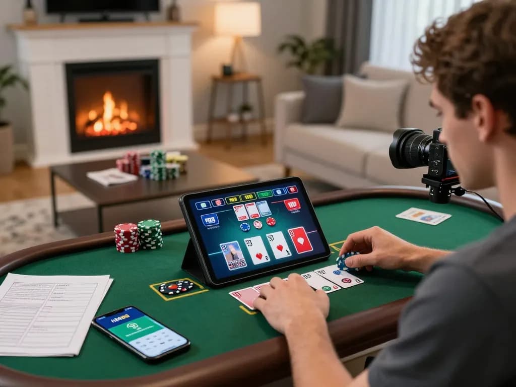 Player enjoying live blackjack on HM88 app with strategic notes in cozy living room.