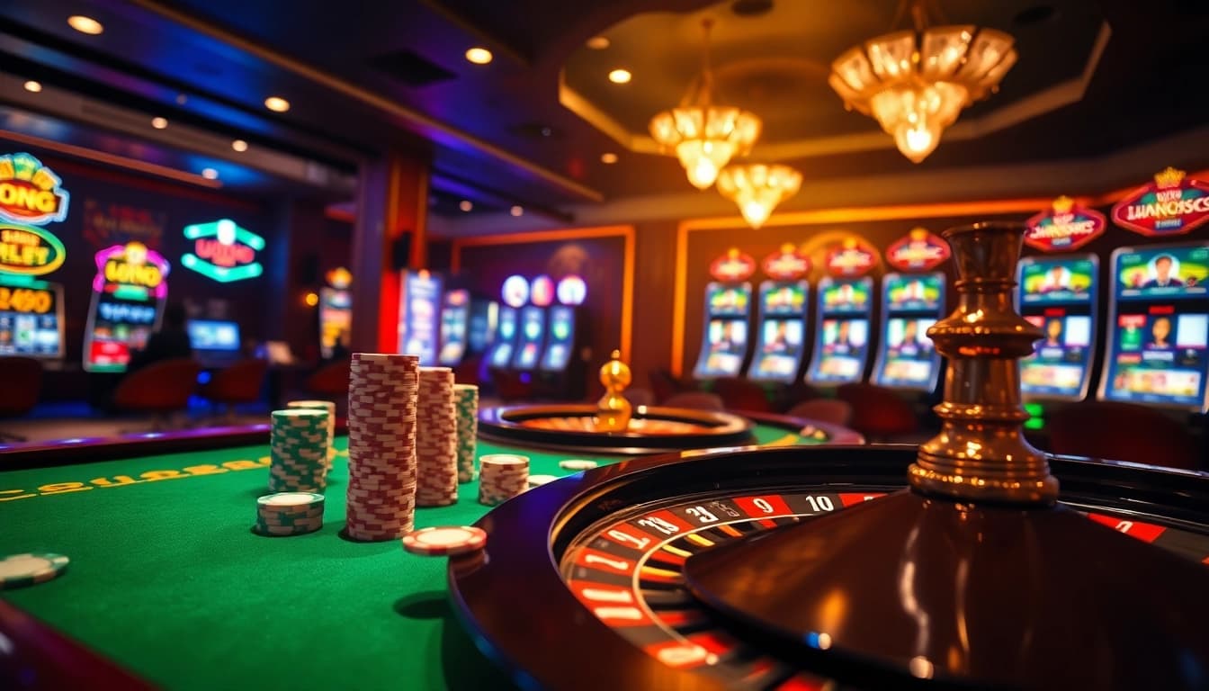 Experience the thrill of gambling with Luongson in this vibrant casino scene featuring poker chips and roulette.