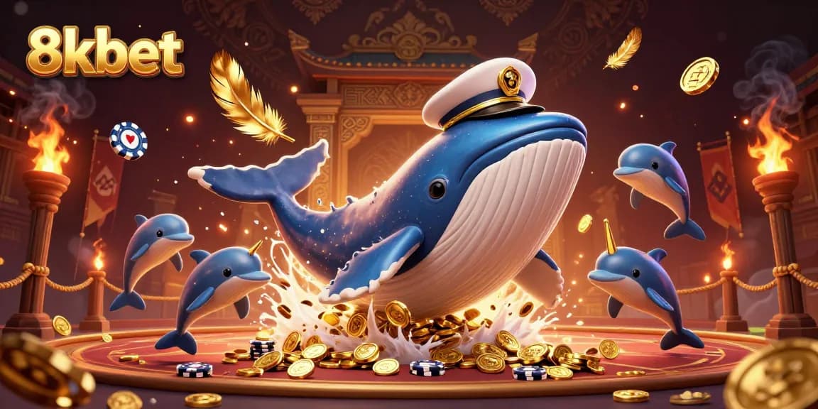 Experience thrilling moments at 8xbet, featuring a whimsical 3D whale and playful dolphins amidst casino excitement.
