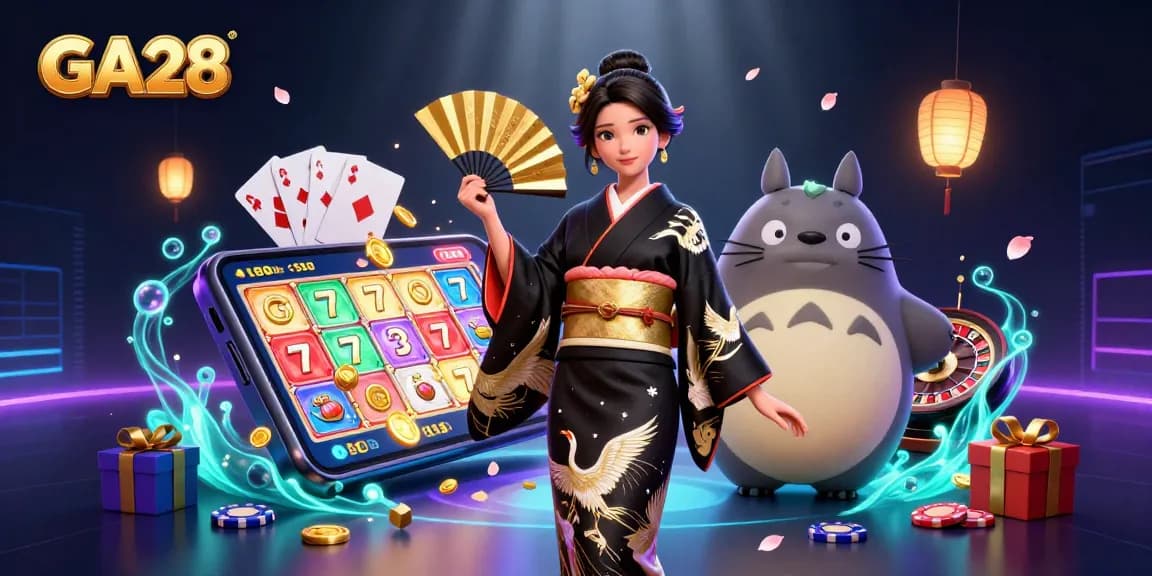 Experience GA28 with an Asian woman in a kimono and a tanuki amidst vibrant casino elements.