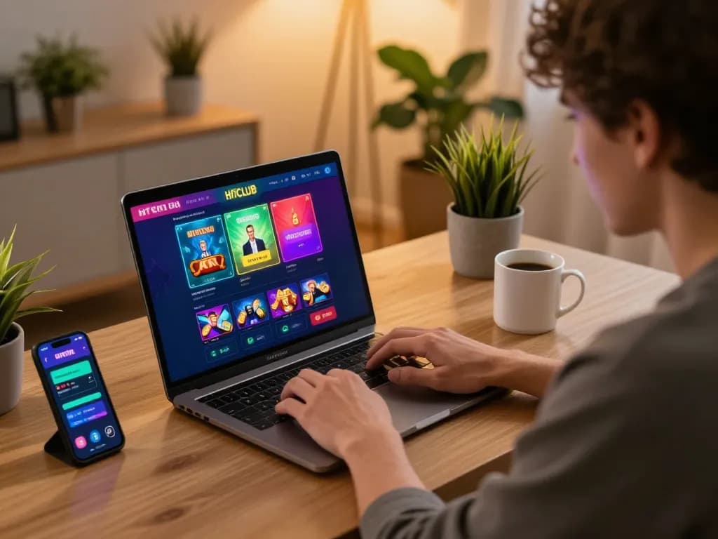 Player enjoying online gaming at HITCLUB with laptop and smartphone in cozy home setting