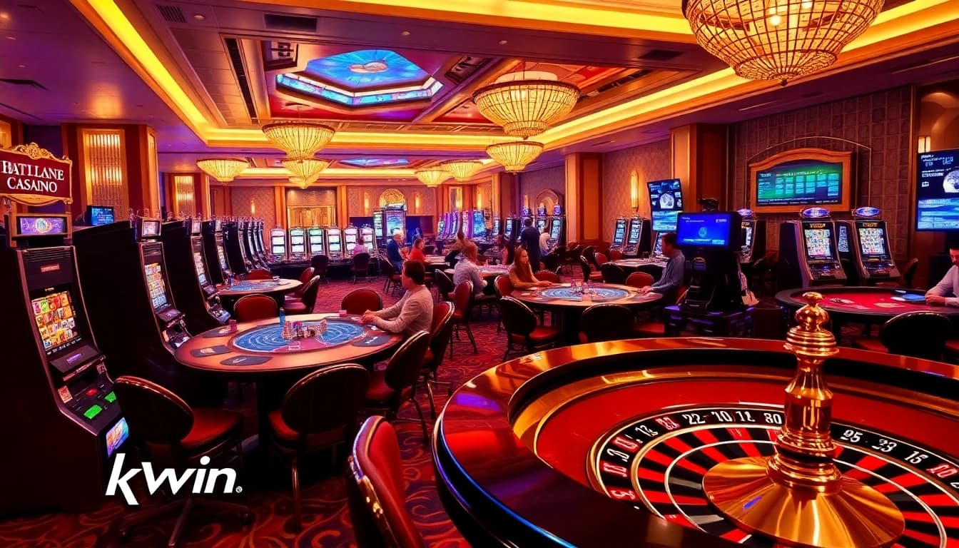 The thrilling atmosphere of kkwin casino, showcasing vibrant tables, slot machines, and live dealer interactions.