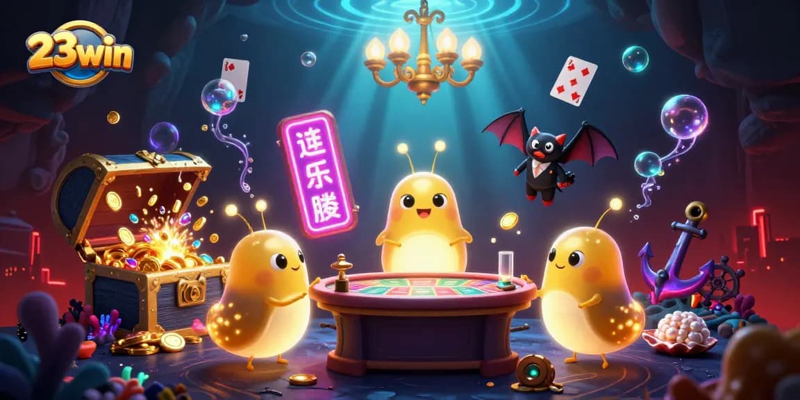 Experience the vibrancy of 23win in this lively casino scene, featuring glowworms illuminating games.