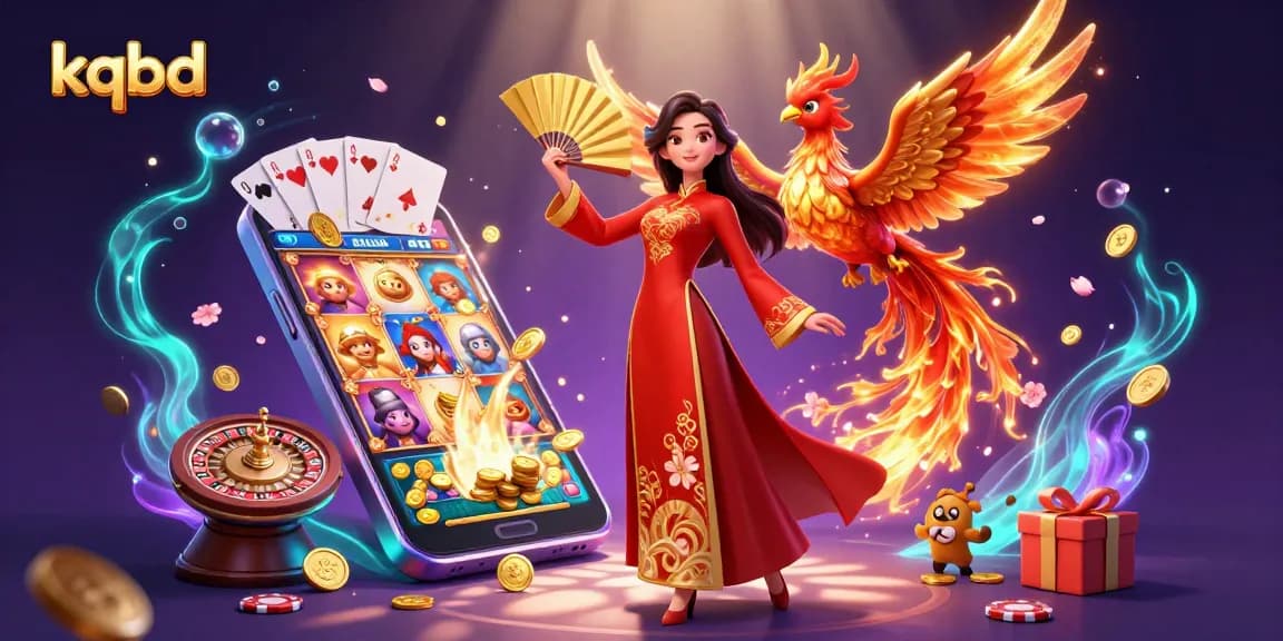 KQBD showcases a 3D woman in ao dai and a phoenix amid vibrant casino gaming elements.