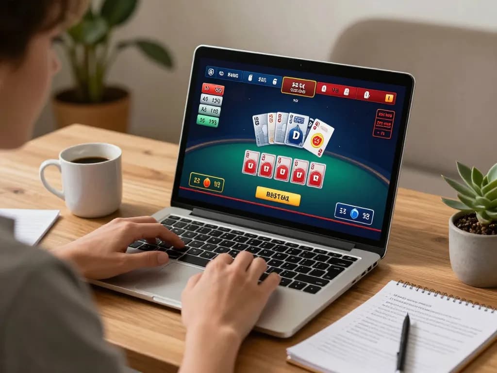 98wincom player enjoying a live blackjack game on a laptop with strategic notes nearby