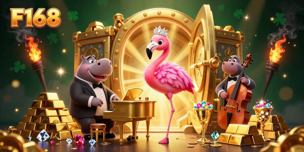Experience the vibrant entertainment of F168 with a dynamic scene featuring a flamingo singer and hippo bassist in a golden casino.
