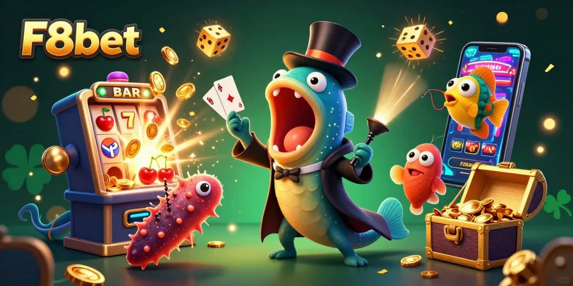 Experience the vibrant world of F8bet with eye-catching 3D illustration of bioluminescent sea creatures engaged in a magical casino scene.