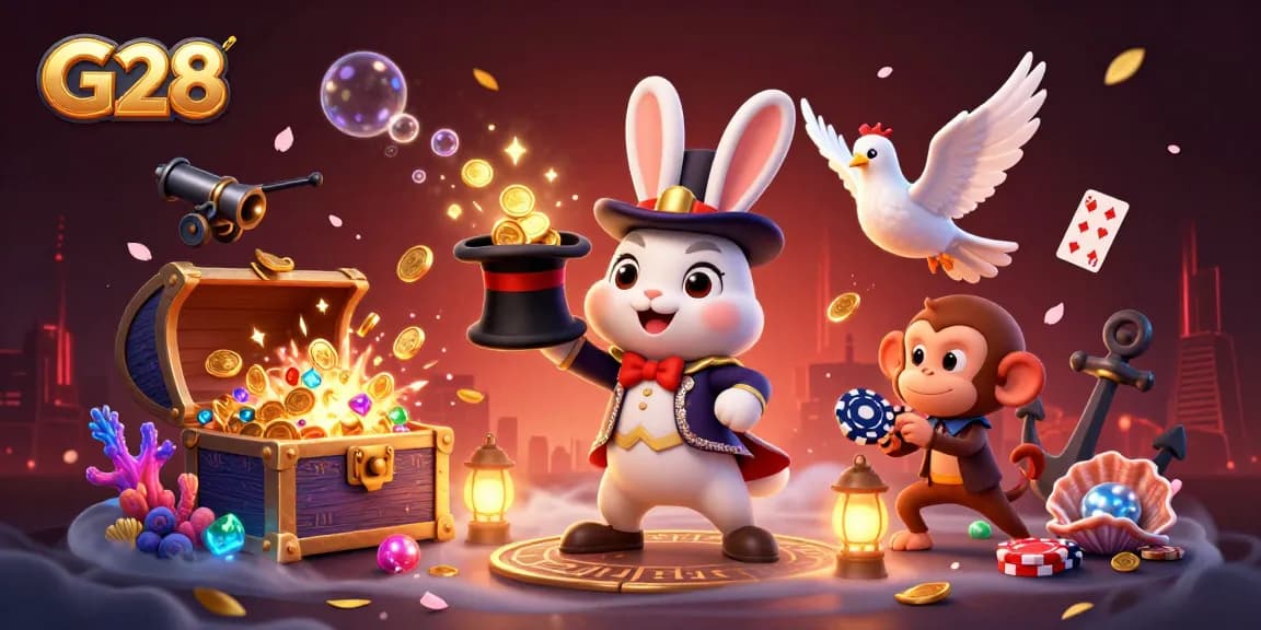 Engage in G28 casino magic as a rabbit pulls coins while playful elements surround a vibrant gaming scene.