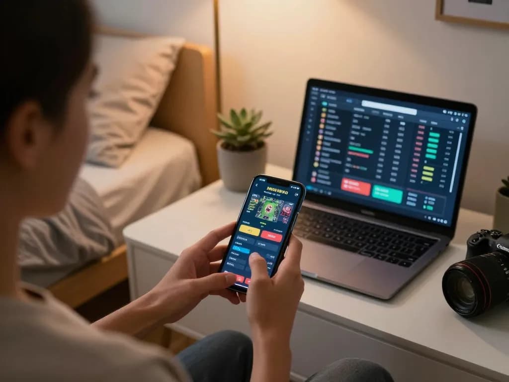 Engaging in Pucuk138 live betting on smartphone within a cozy personal space, showcasing strategic gameplay.