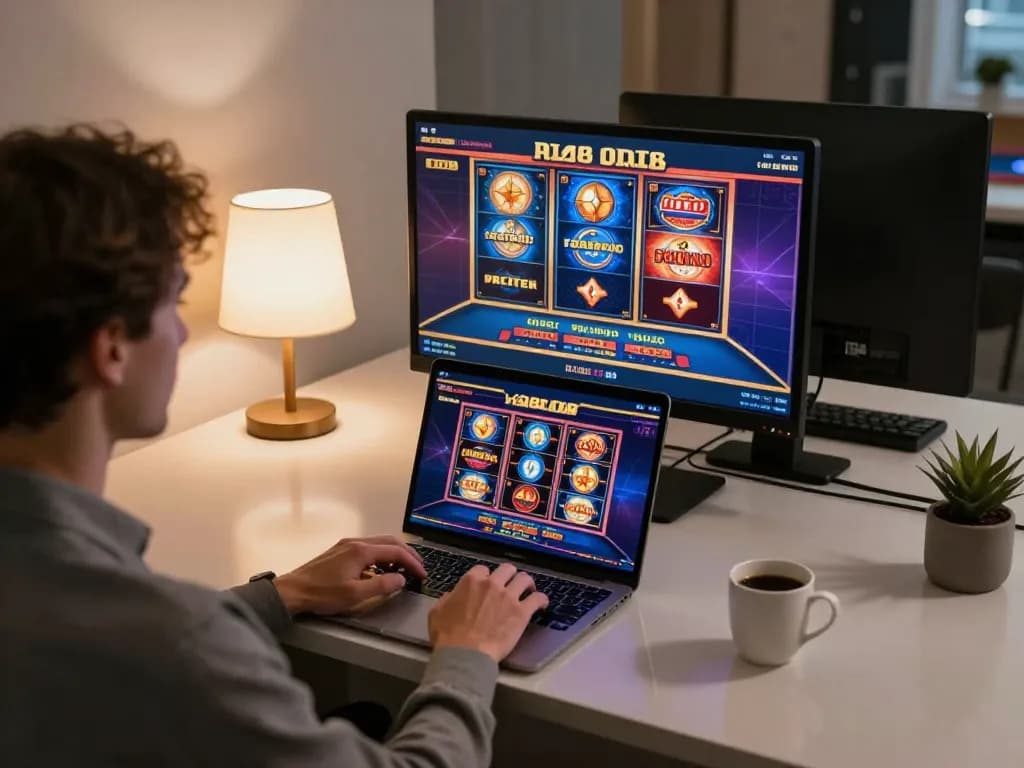 Person playing ALO8 online casino games on laptop in a cozy home environment