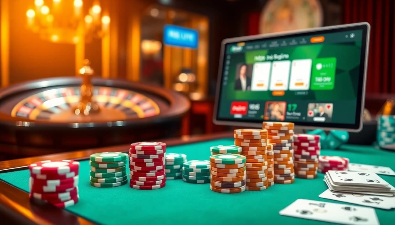 Engage with exciting games at https://nk88nk.com/ with vibrant poker chips and an elegant casino table.