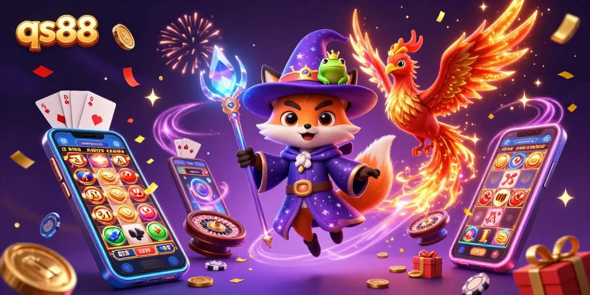 Experience magic with qs88 slots featuring a wizard fox, phoenix, and glowing casino symbols.