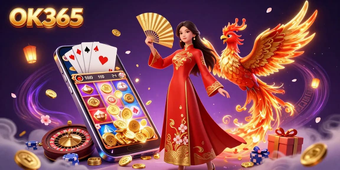 Spin and win with OK365 in a vibrant 3D casino scene showcasing dynamic gaming elements.