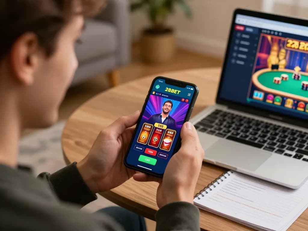 Engaging in online gaming with the 28BET app while celebrating wins from home.