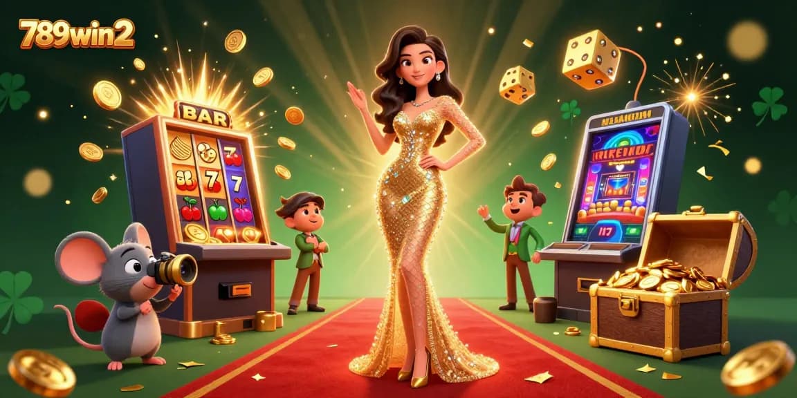 Engage in thrilling gameplay with 789win2's vibrant 3D casino scene featuring dynamic slot machines and sparkling treasures.