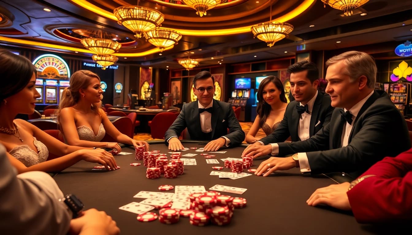 Experience the thrill of high stakes at https://56win.to/, featuring luxurious casino tables and elegant players.