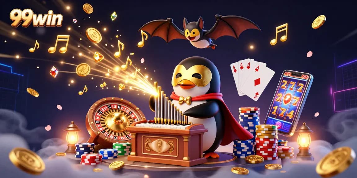 99win showcases a colorful casino scene with a phantom opera penguin and golden coins cascading.