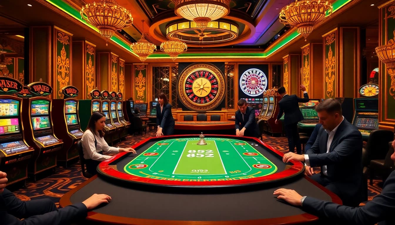 Players experience the excitement of B52 casino games at vibrant tables and slot machines.