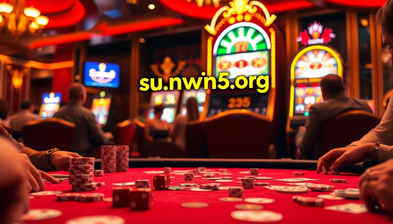 Exciting gambling action at https://sunwin5.org/ with vibrant casino tables, poker chips, and cards.