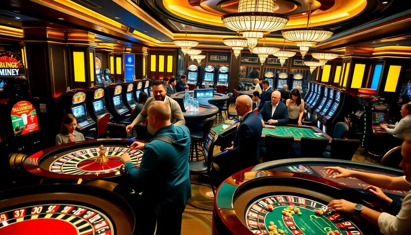 Engaging players at Nhà Cái OK8386 celebrate wins at luxurious casino tables.