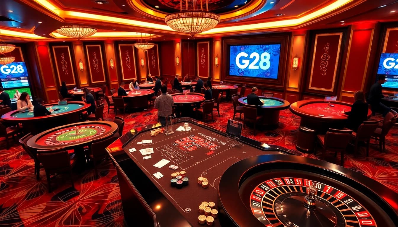 G28 casino ambiance with gaming tables and excited players enjoying online entertainment.
