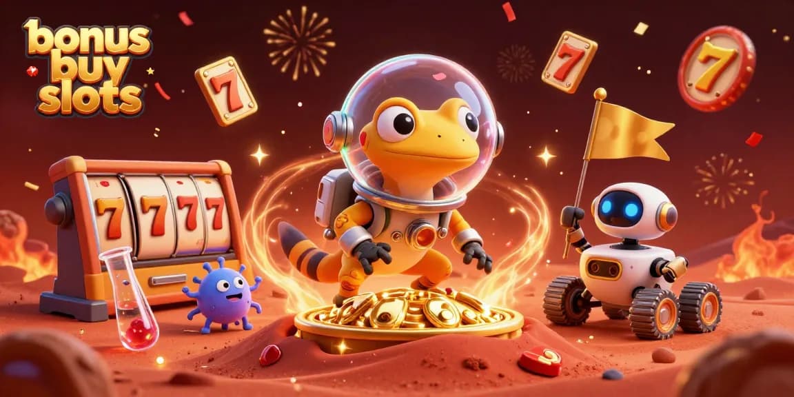 Engage with bonus buy slots as a Martian gecko uncovers a golden casino in a vibrant alien world.
