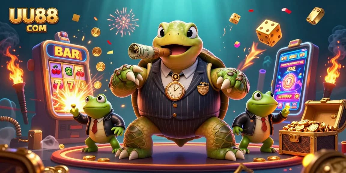 Experience the excitement at UU88 COM with this dynamic casino scene featuring cartoon characters and jackpot elements.