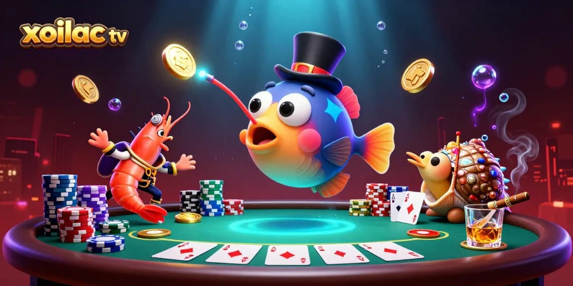 Xoilac TV showcases a vibrant 3D illustration featuring a pirate shrimp and glowing anglerfish attracting golden coins around poker elements.