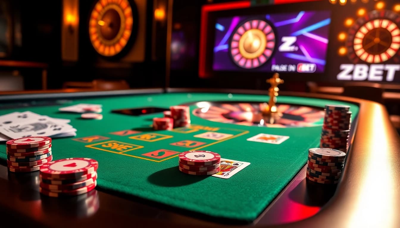 ZBET promotes excitement with a professional casino scene featuring blackjack and roulette.