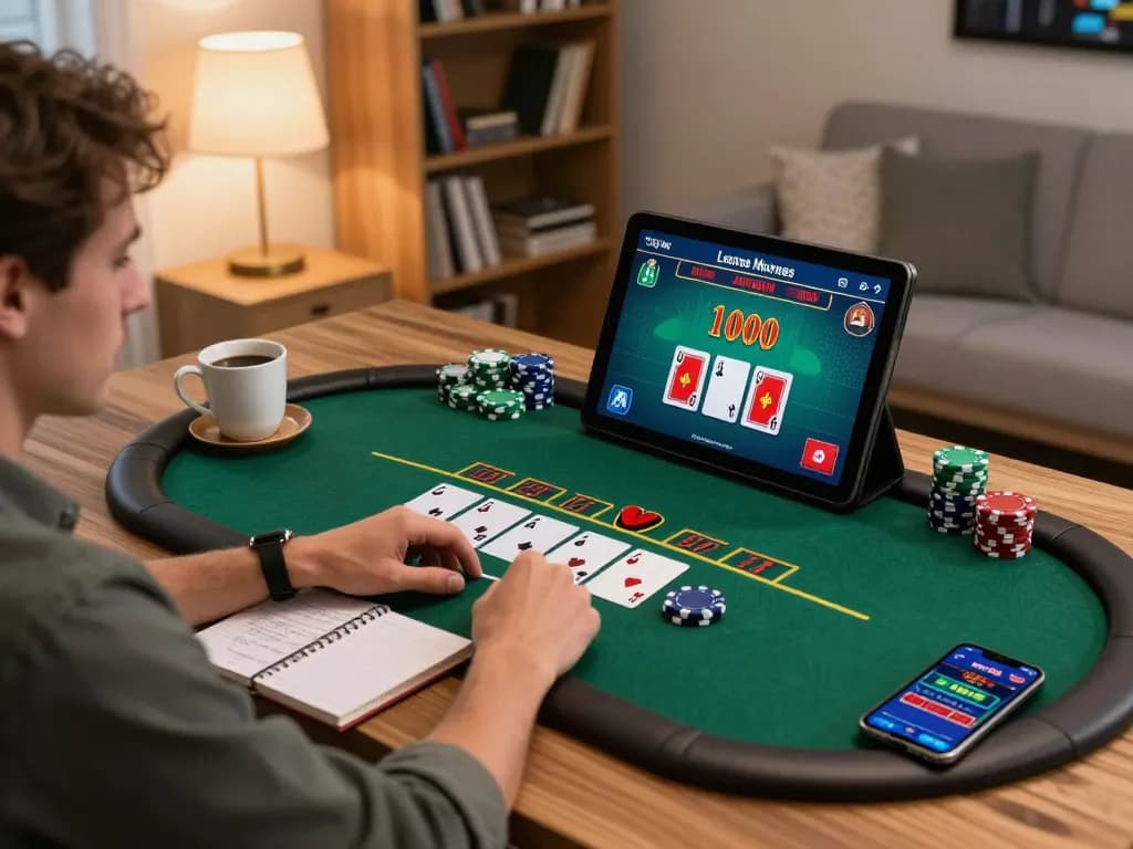 Player enjoying blackjack on BL555 app in a cozy home setup, embracing responsible gaming.
