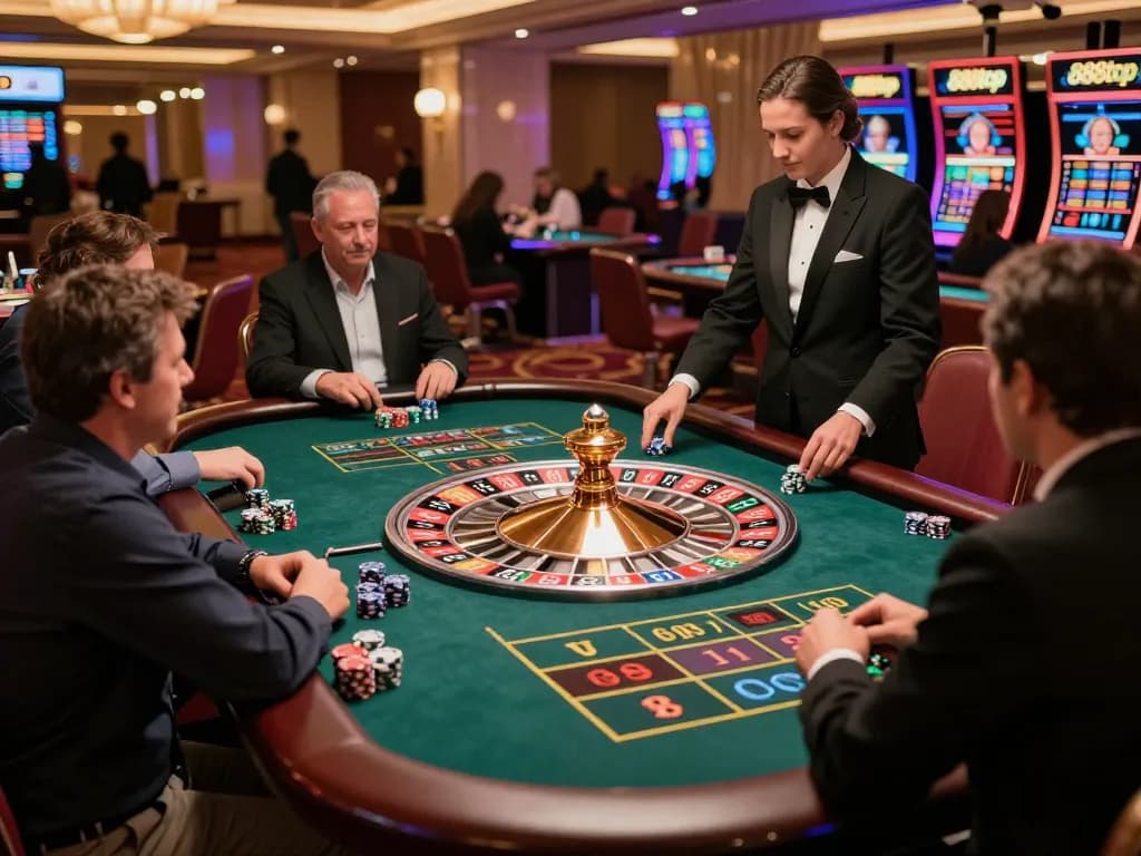 Players enjoying roulette action at 888top casino, vibrant atmosphere with engaging gameplay.
