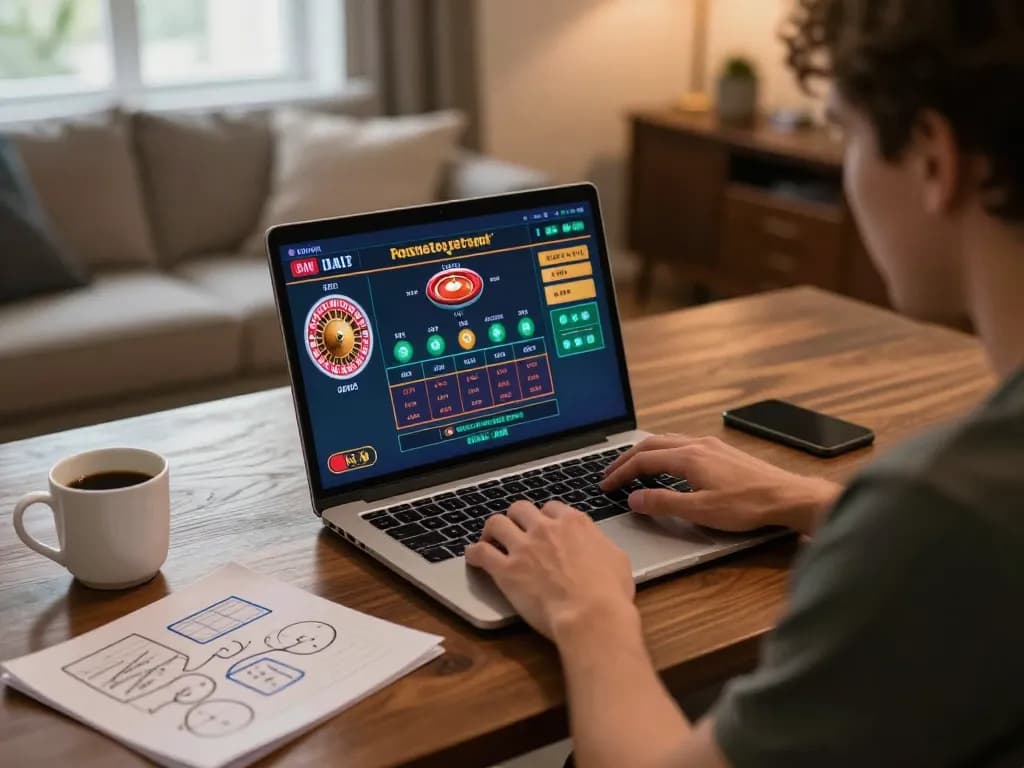 Player enjoying online gaming at 555WIN with live roulette interface on laptop, creating a cozy gambling ambiance