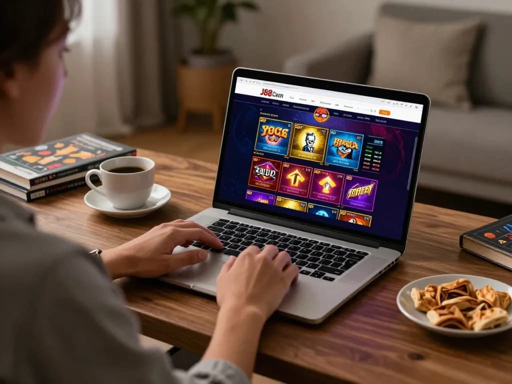 Engaging online gaming moment on J88 Com with vibrant game display and comfortable home setting.