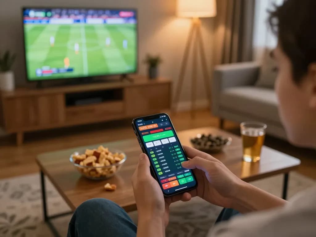 Engaging in แทงบอล through a mobile app while watching a live match with friends at home.