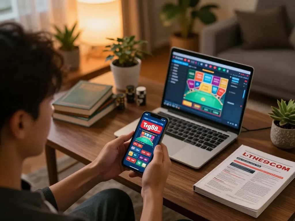 Engaging gaming session on Tg88.com with a player using a smartphone at home, showcasing a cozy atmosphere.