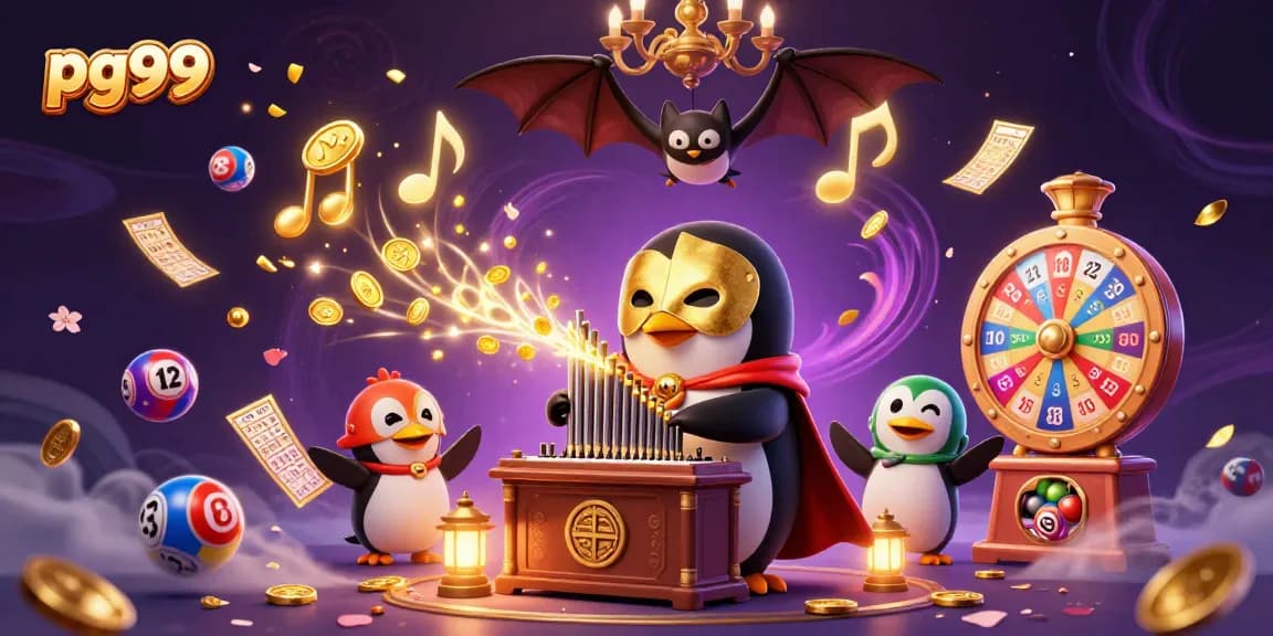 Experience thrilling gameplay with pg99 featuring a penguin playing an organ while coins and lottery balls rain down.