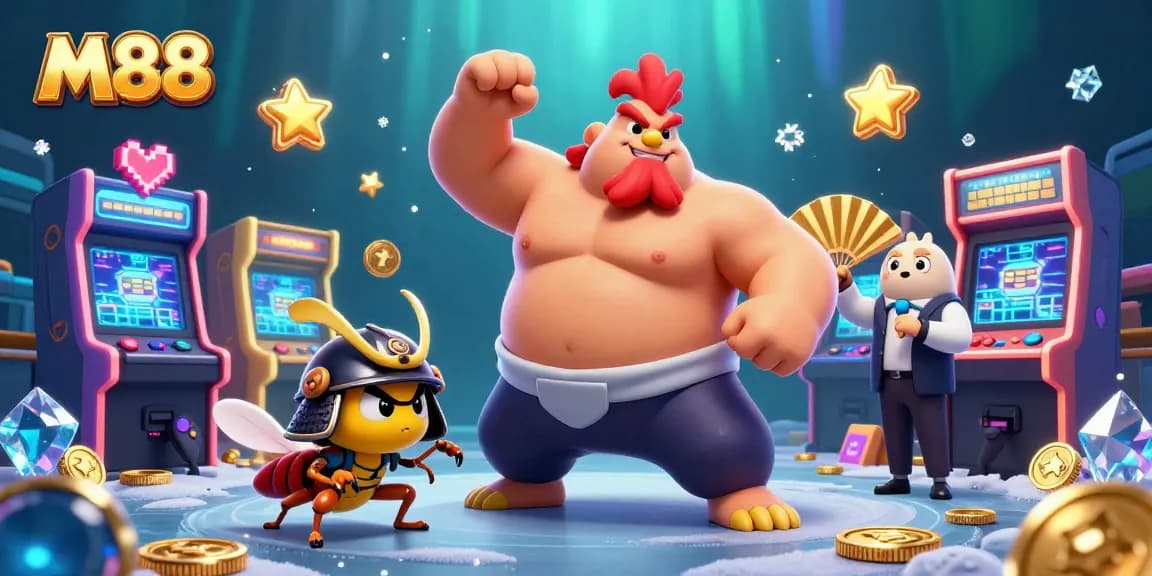 M88 engages players with thrilling sumo-style gaming and vibrant arcade systems in an illustrated casino scene.