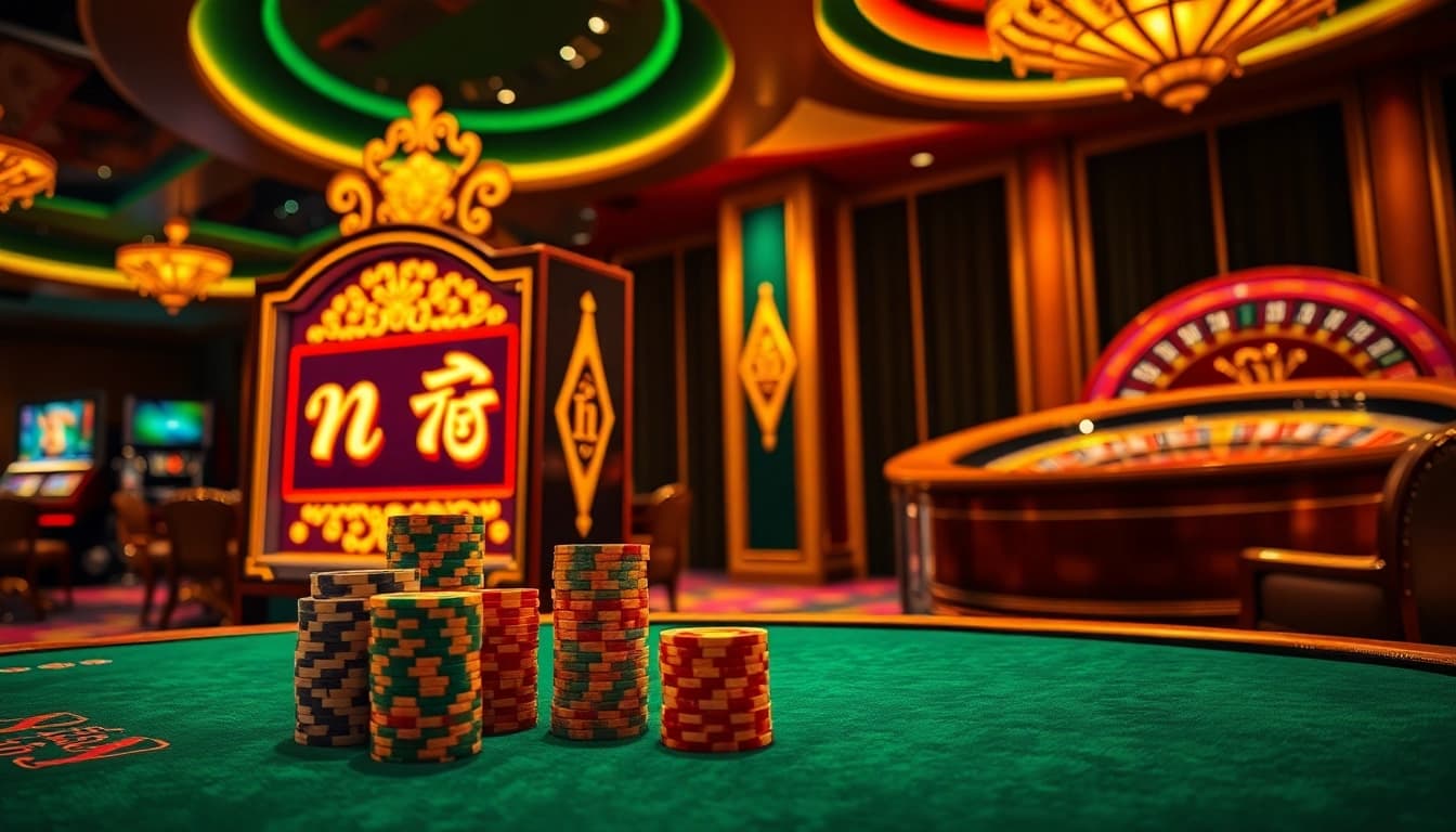 Experience the thrill of nổ hũ with vibrant slot machines and luxury casino tables.