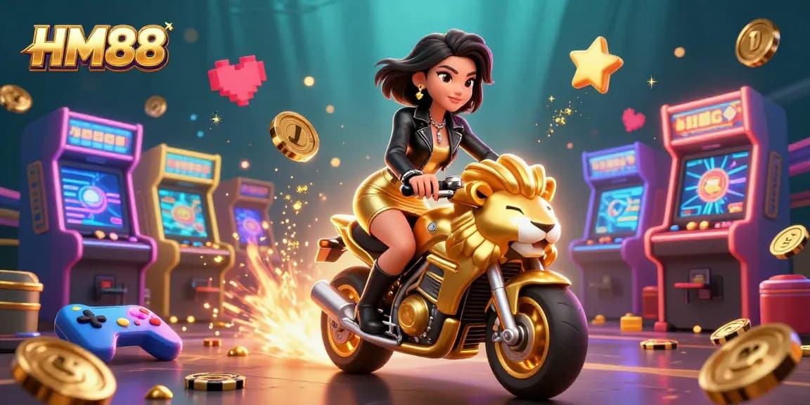 Experience thrilling gaming at HM88 with a glamorous Asian woman racing on a golden lion amidst exciting casino elements.